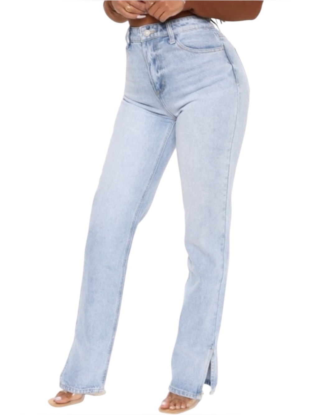 NEW Fashion Nova Chase the Dream Slit Straight Leg Jeans Light Blue Wash Size 11
